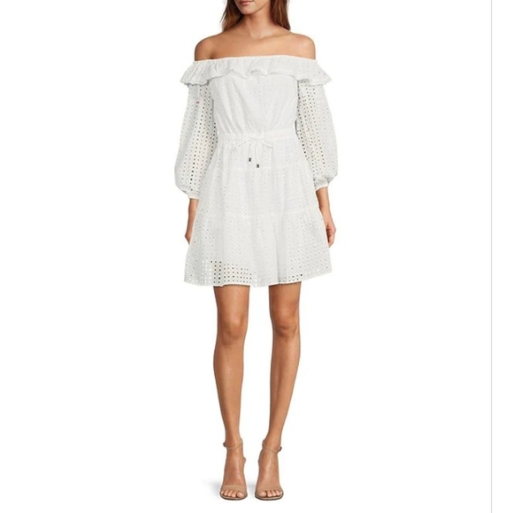 LDT Ashley Off-the-Shoulder ¾ Blouson Sleeve Ruffle Drawstring Tie Waist… - Picture 2 of 10